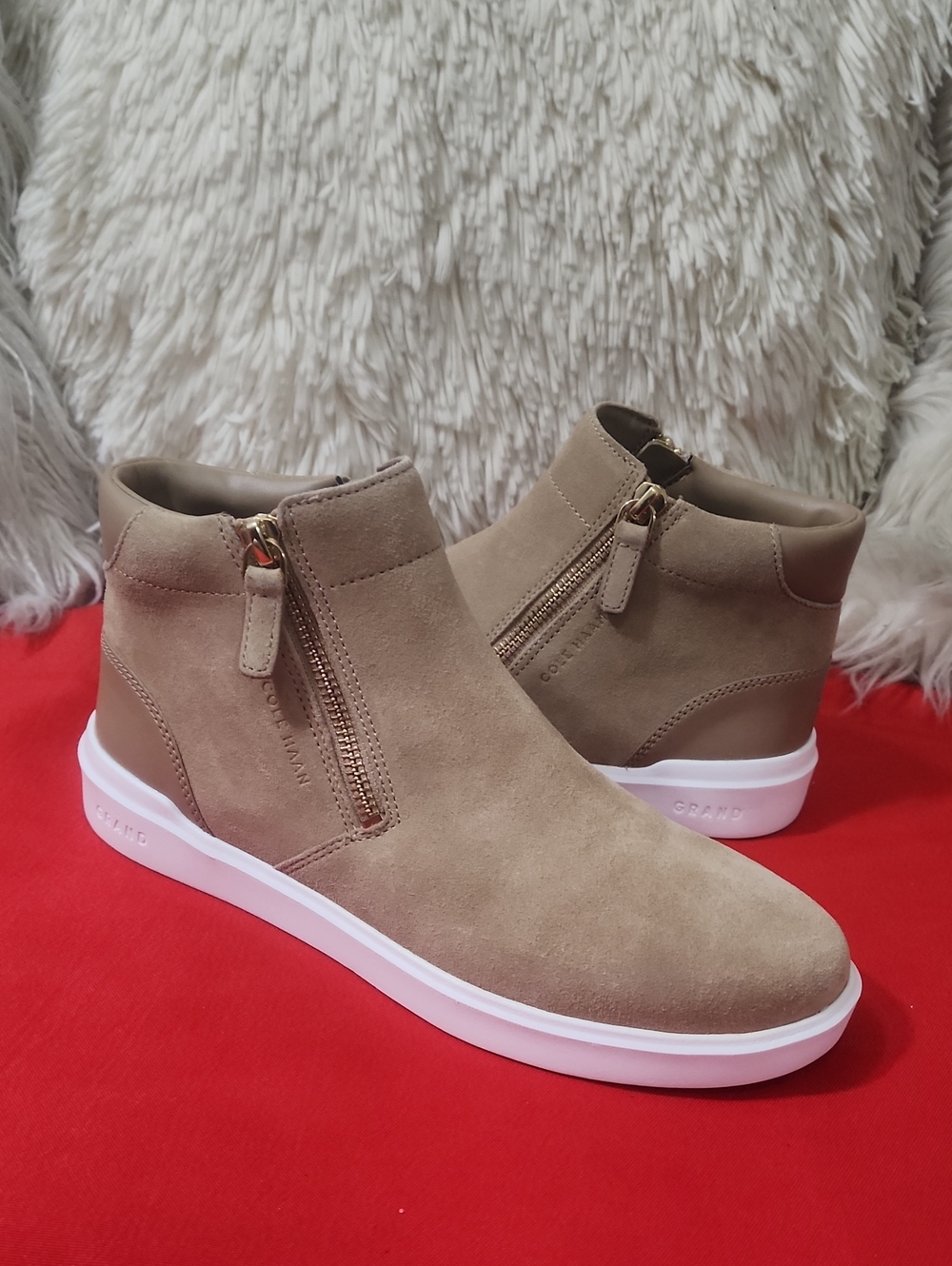 COLE HAAN Women's Grand Crosscourt Mid Sneaker Birch Beige Suede